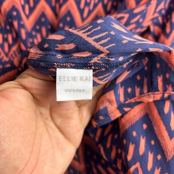 Ellie Kai 100% Silk Sz 10 Zigzag Pattern Boho Long Sleeve Top blouse Orange/Blue - Picture 5 of 9